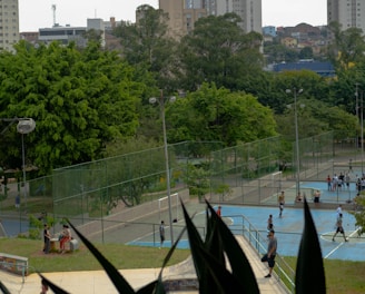 An outdoor recreational area in an urban setting featuring several sports courts and surrounded by lush green trees. People are engaged in various activities, including playing sports on the courts. In the background, there are tall buildings indicative of a cityscape.